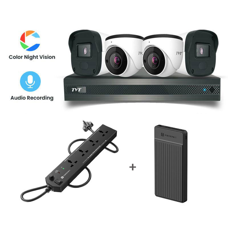 Picture of TVT 4 CCTV Cameras Combo (2 Indoor & 2 Outdoor CCTV Cameras) (Colour View With Mic) 👨🏻‍🔧 With CCTV Installation + 4CH DVR + HDD + Accessories + Power Supply + 90m Cable +Portronics Power Plate 10 + Portronics 10000 mAh Power Bank 